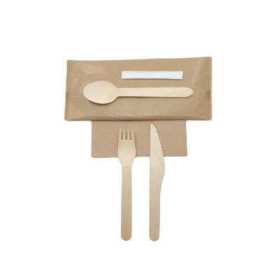 160 Mm Biodegradable Wooden Fork Spoon Napkin Toothpick With Wrapped Paper Package