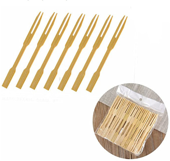 biodegradable Double Prong Mini Bamboo Appetizer Forks 3.5 Inch